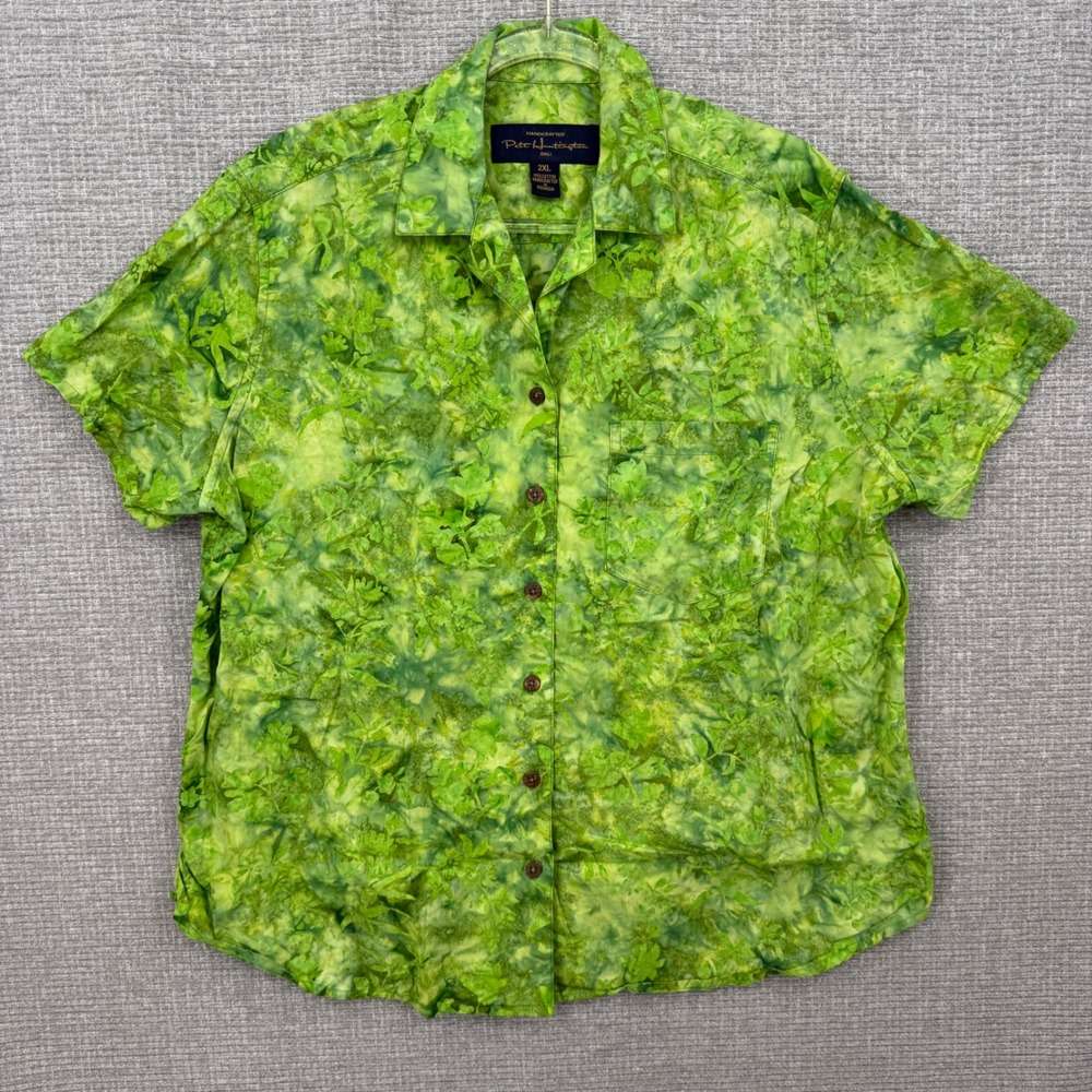 Pete Huntington Bali Button Up Shirt Women 2XL Green Handcrafted Batik Floral